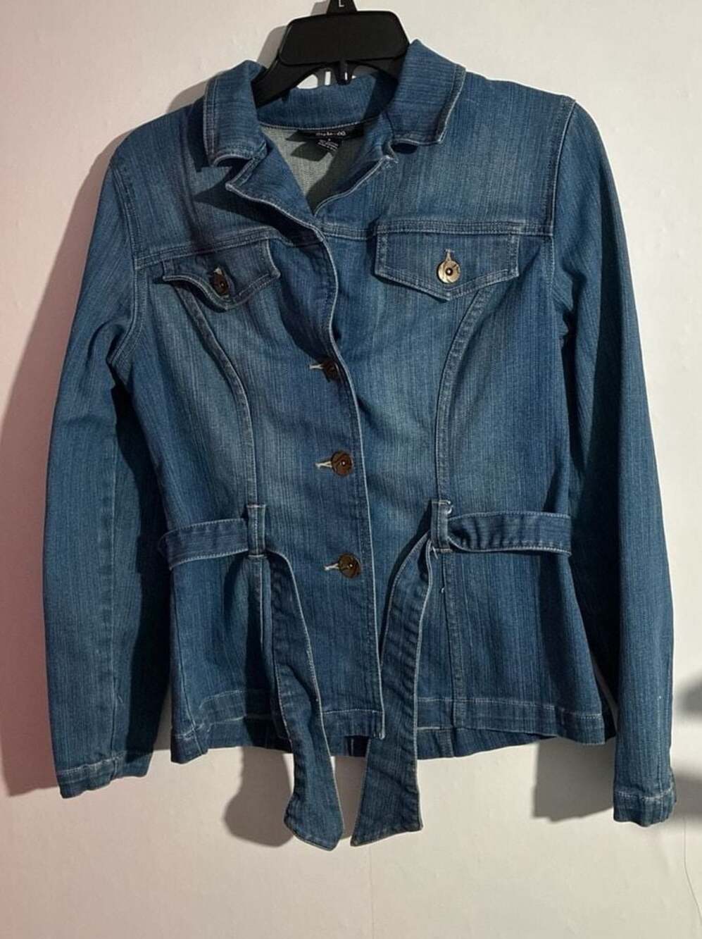 Style & Co. Women's Blue Belted Button-Down Stretch Denim Jacket